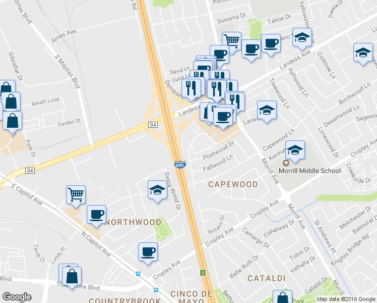 map of restaurants, bars, coffee shops, grocery stores, and more near 2200 Amberwood Lane in San Jose