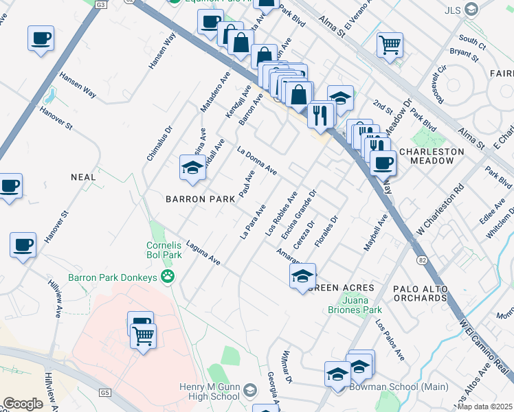 map of restaurants, bars, coffee shops, grocery stores, and more near 766 La Para Avenue in Palo Alto