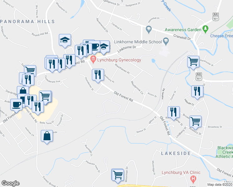 map of restaurants, bars, coffee shops, grocery stores, and more near 2511 Old Forest Road in Lynchburg