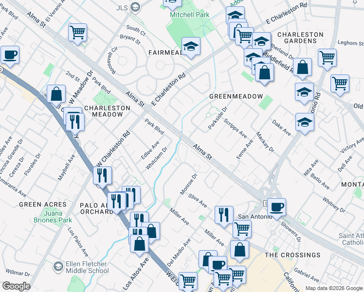 map of restaurants, bars, coffee shops, grocery stores, and more near 278 Monroe Drive in Mountain View