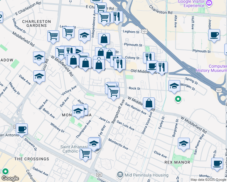 map of restaurants, bars, coffee shops, grocery stores, and more near 651 Midrock Corners in Mountain View
