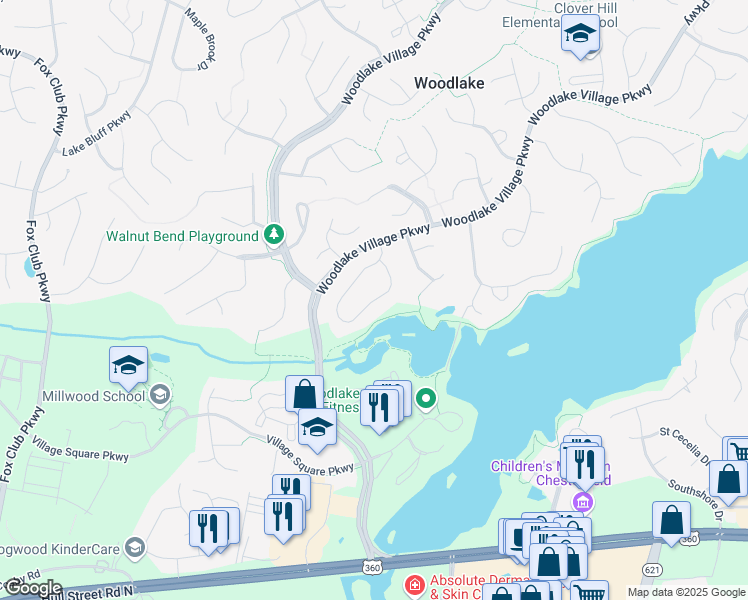 map of restaurants, bars, coffee shops, grocery stores, and more near Willow Glen Road in Midlothian