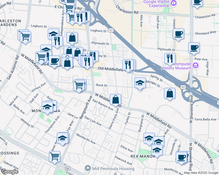 map of restaurants, bars, coffee shops, grocery stores, and more near 1963 Rock Street in Mountain View