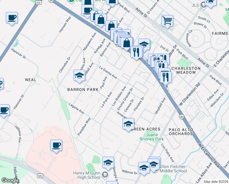 map of restaurants, bars, coffee shops, grocery stores, and more near 4015 Arbol Drive in Palo Alto