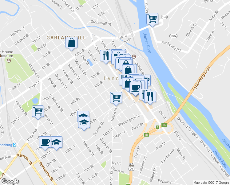 map of restaurants, bars, coffee shops, grocery stores, and more near in Lynchburg