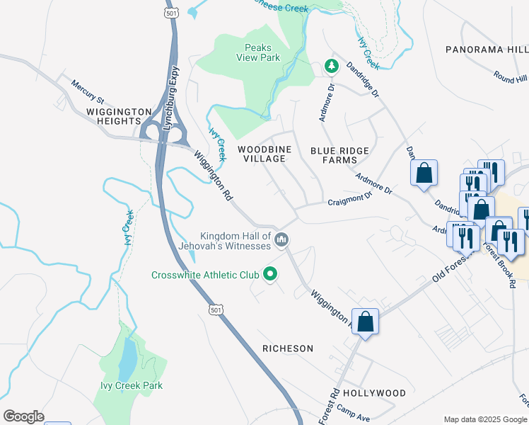 map of restaurants, bars, coffee shops, grocery stores, and more near 409 State Route 620 in Lynchburg