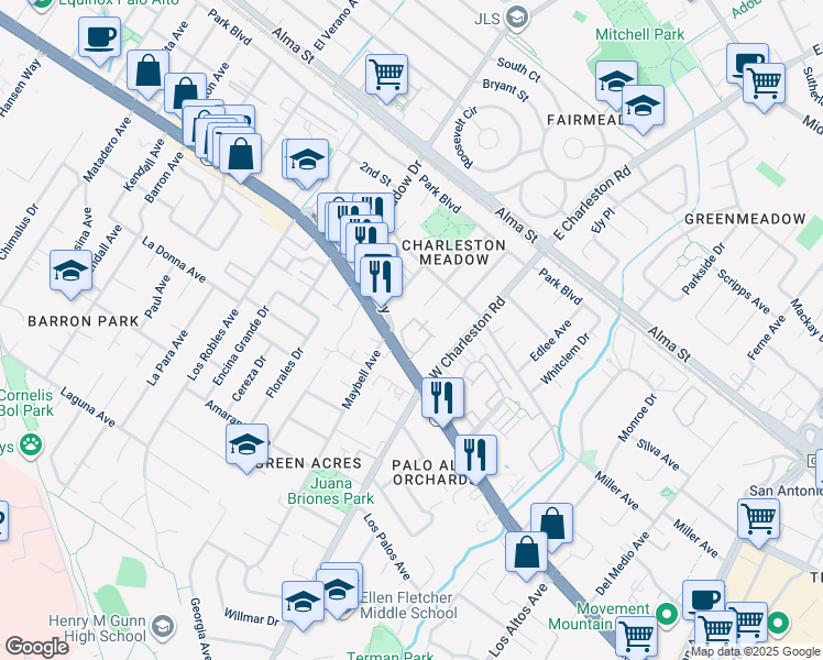 map of restaurants, bars, coffee shops, grocery stores, and more near 4173 El Camino Real in Palo Alto