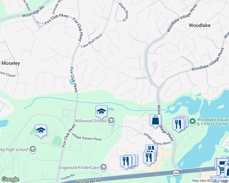 map of restaurants, bars, coffee shops, grocery stores, and more near 6409 Walnut Bend Drive in Midlothian