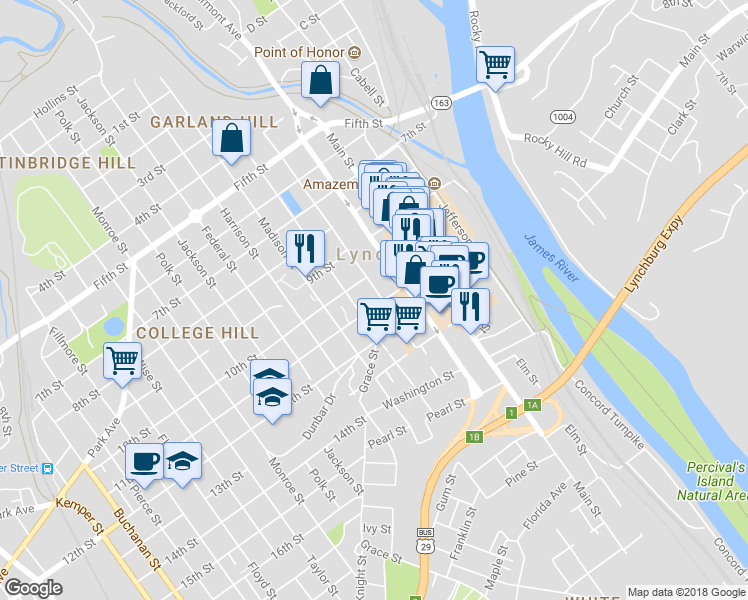 map of restaurants, bars, coffee shops, grocery stores, and more near in Lynchburg