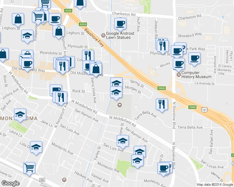 map of restaurants, bars, coffee shops, grocery stores, and more near 1901 Rock Street in Mountain View
