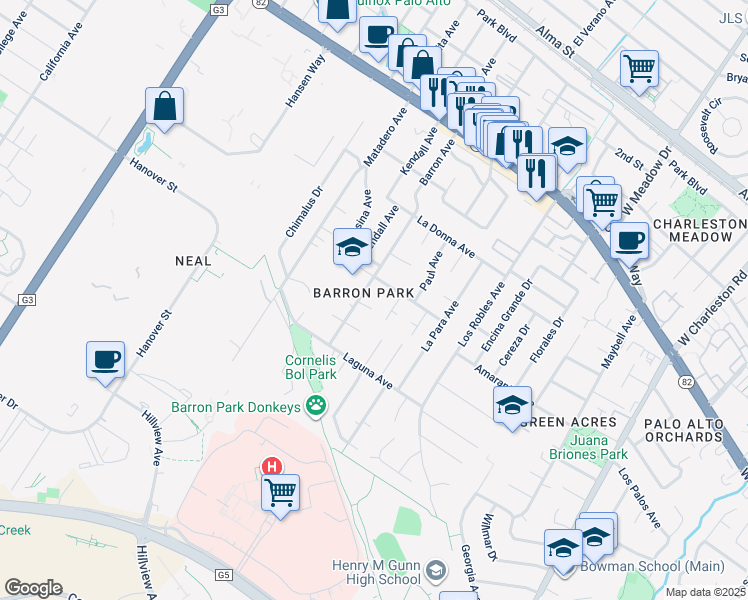 map of restaurants, bars, coffee shops, grocery stores, and more near 3725 Carlitos Court in Palo Alto