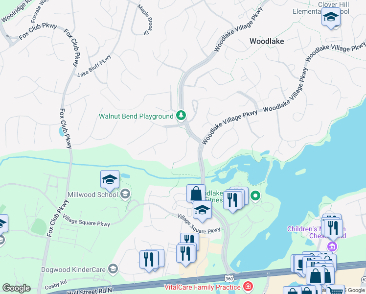 map of restaurants, bars, coffee shops, grocery stores, and more near 6304 West Branch Road in Midlothian