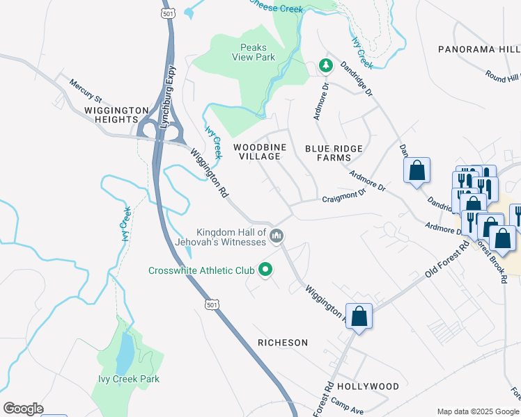 map of restaurants, bars, coffee shops, grocery stores, and more near 409 State Route 620 in Lynchburg