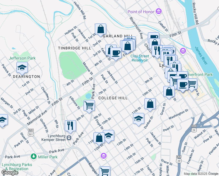 map of restaurants, bars, coffee shops, grocery stores, and more near 701 Polk Street in Lynchburg