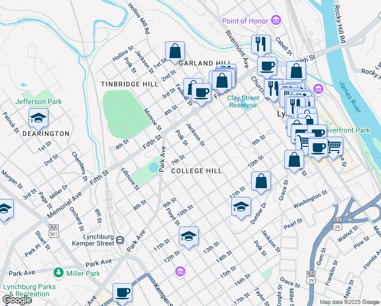 map of restaurants, bars, coffee shops, grocery stores, and more near 701 Polk Street in Lynchburg