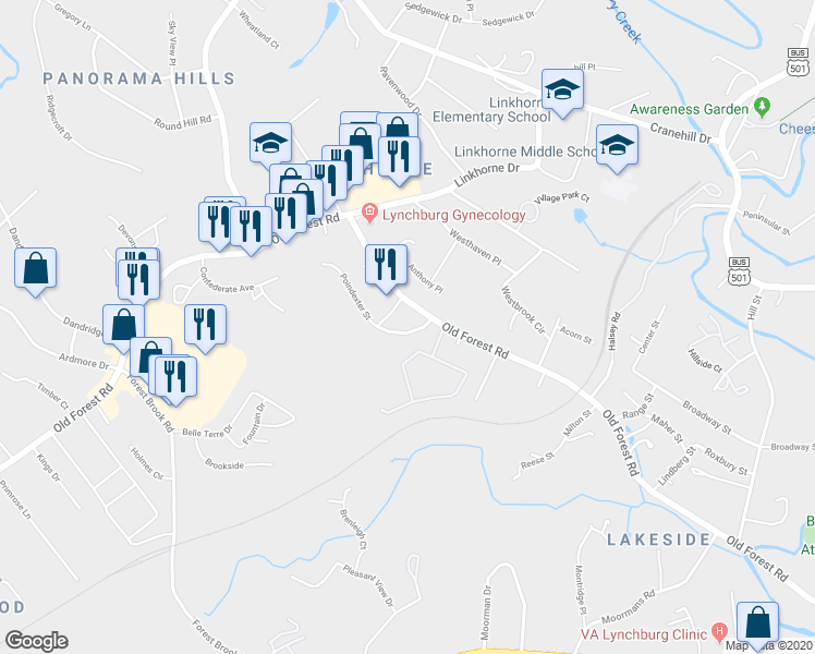 map of restaurants, bars, coffee shops, grocery stores, and more near 2600 Poindexter Street in Lynchburg