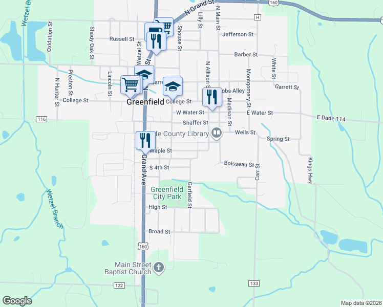 map of restaurants, bars, coffee shops, grocery stores, and more near 411 Wells Street in Greenfield