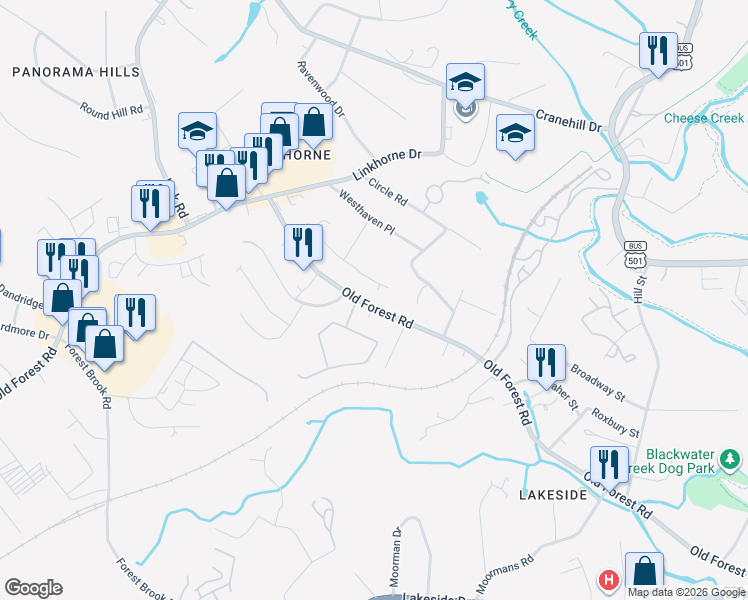 map of restaurants, bars, coffee shops, grocery stores, and more near 2516 Old Forest Road in Lynchburg