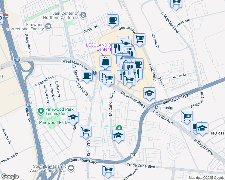 map of restaurants, bars, coffee shops, grocery stores, and more near 1315 McCandless Drive in Milpitas