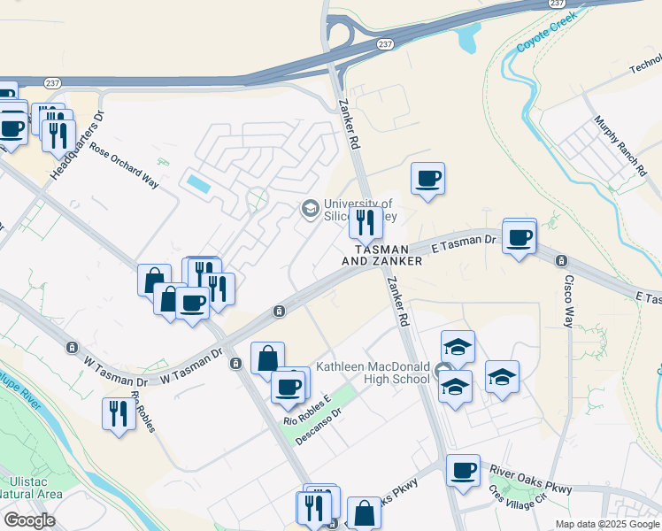 map of restaurants, bars, coffee shops, grocery stores, and more near 3737 Casa Verde Street in San Jose