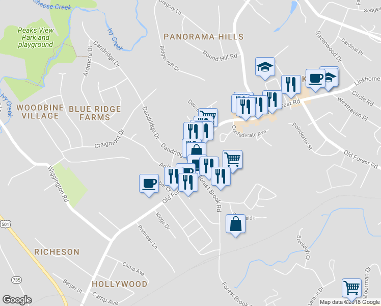 map of restaurants, bars, coffee shops, grocery stores, and more near 1002 Dandridge Drive in Lynchburg