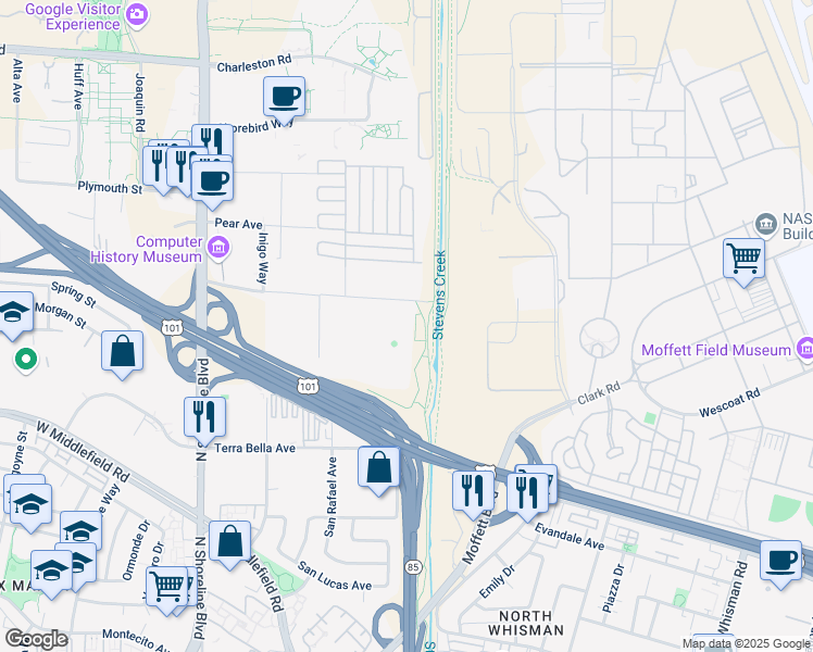 map of restaurants, bars, coffee shops, grocery stores, and more near 1055 La Avenida Street in Mountain View