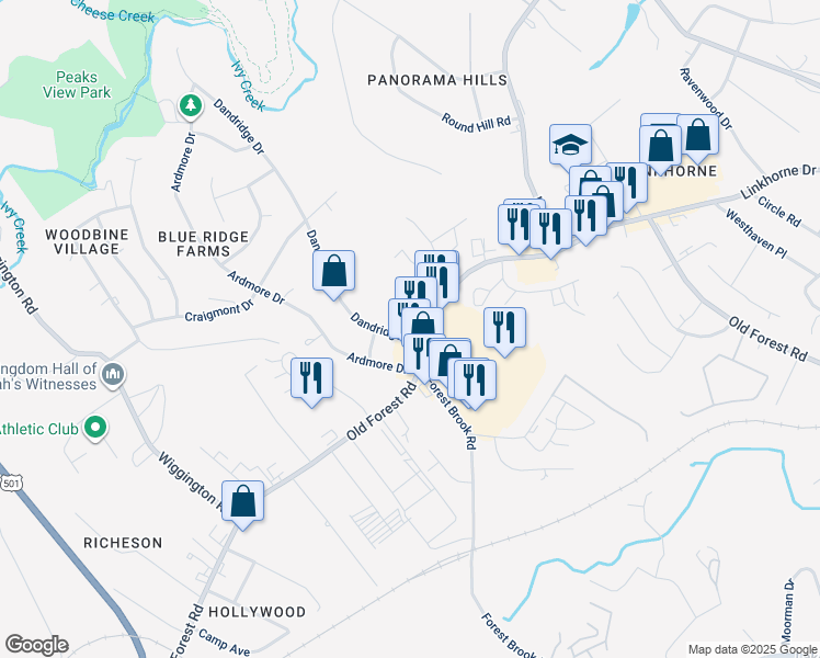 map of restaurants, bars, coffee shops, grocery stores, and more near 1002 Dandridge Drive in Lynchburg