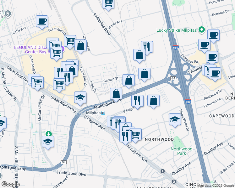 map of restaurants, bars, coffee shops, grocery stores, and more near 1453 Lavender Loop in Milpitas