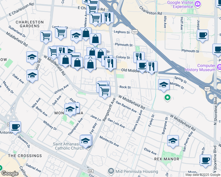 map of restaurants, bars, coffee shops, grocery stores, and more near 728 Cottage Court in Mountain View