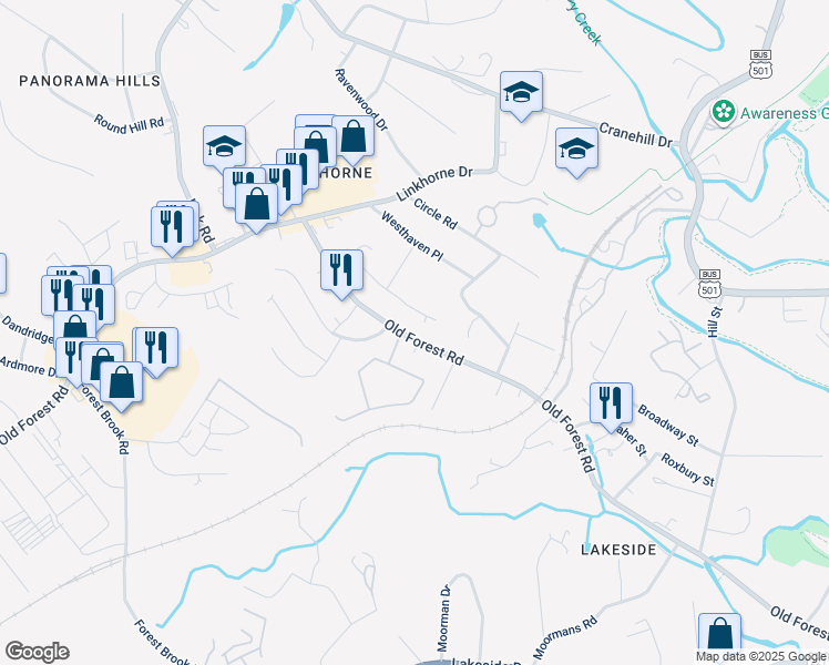 map of restaurants, bars, coffee shops, grocery stores, and more near 2601 Anthony Place in Lynchburg