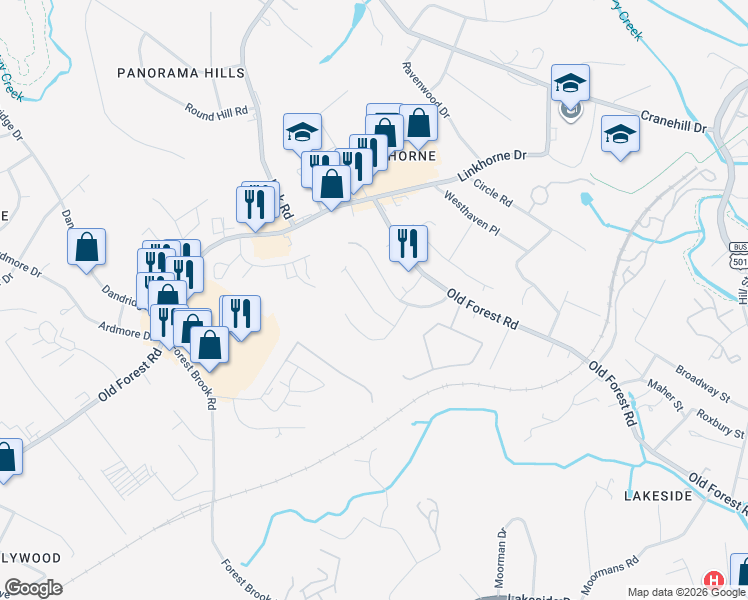 map of restaurants, bars, coffee shops, grocery stores, and more near 2700 Poindexter Street in Lynchburg