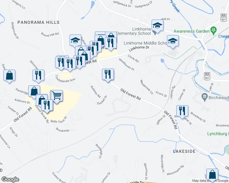 map of restaurants, bars, coffee shops, grocery stores, and more near 2602 Poindexter Street in Lynchburg