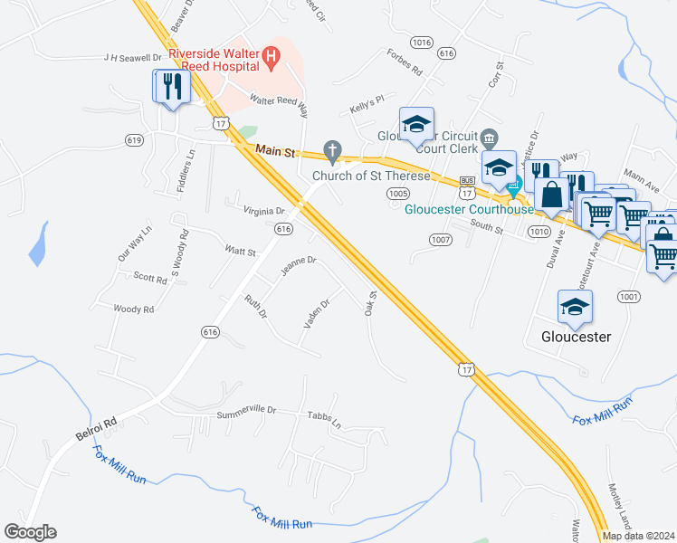 map of restaurants, bars, coffee shops, grocery stores, and more near 7350 Jeanne Drive in Gloucester Courthouse