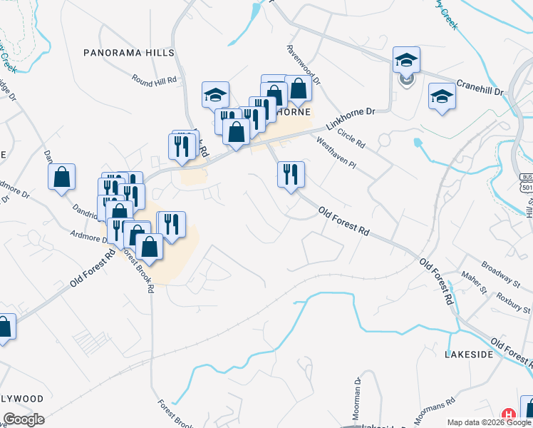 map of restaurants, bars, coffee shops, grocery stores, and more near 2700 Poindexter Street in Lynchburg