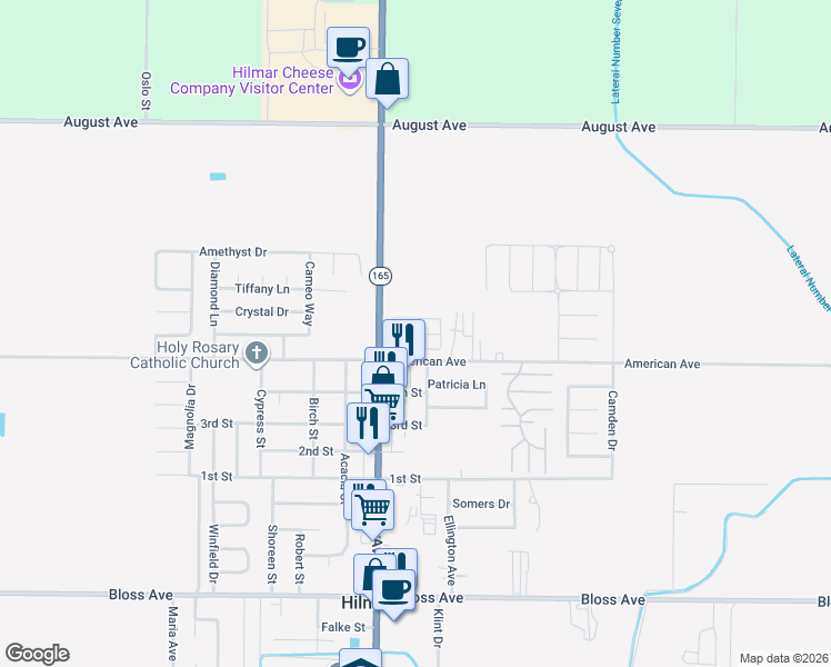 map of restaurants, bars, coffee shops, grocery stores, and more near 19960 American Avenue in Hilmar