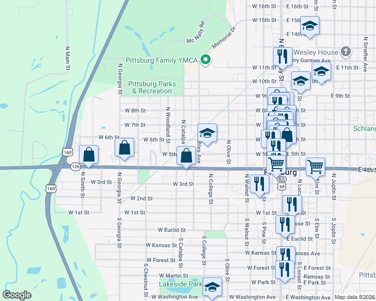 map of restaurants, bars, coffee shops, grocery stores, and more near 503 West 6th Street in Pittsburg