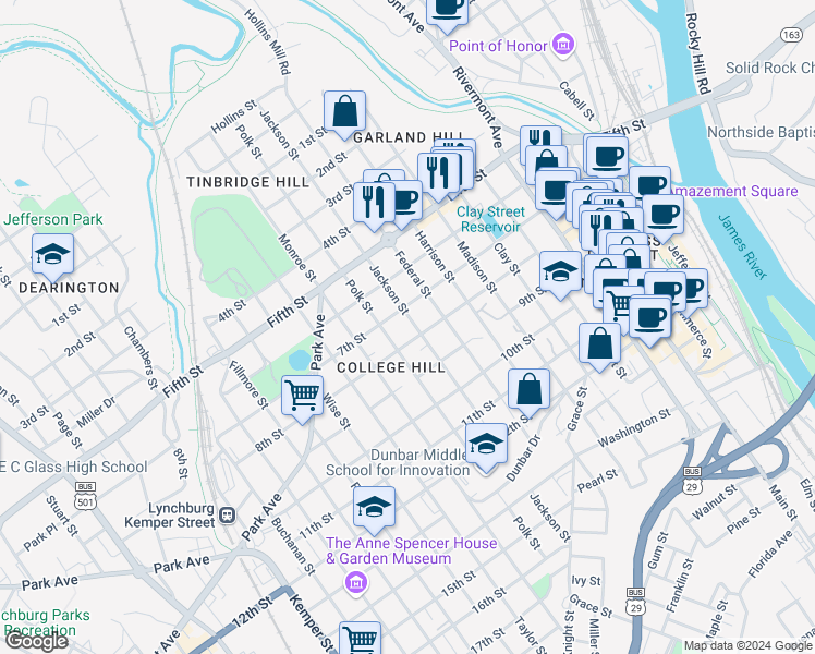 map of restaurants, bars, coffee shops, grocery stores, and more near 709 Jackson Street in Lynchburg