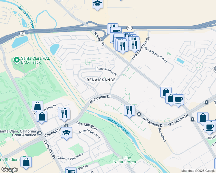 map of restaurants, bars, coffee shops, grocery stores, and more near 99 Vista Montaña in San Jose