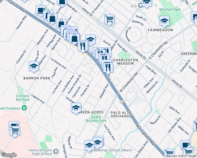 map of restaurants, bars, coffee shops, grocery stores, and more near in Palo Alto