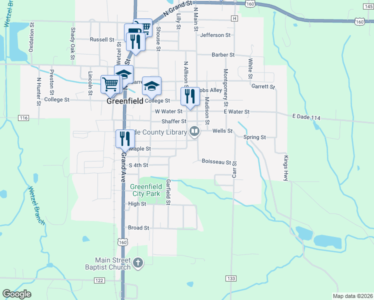 map of restaurants, bars, coffee shops, grocery stores, and more near 201-265 Allison Avenue in Greenfield