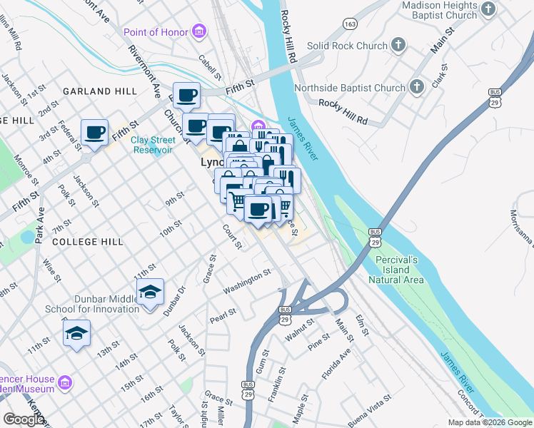 map of restaurants, bars, coffee shops, grocery stores, and more near 1200 Main Street in Lynchburg