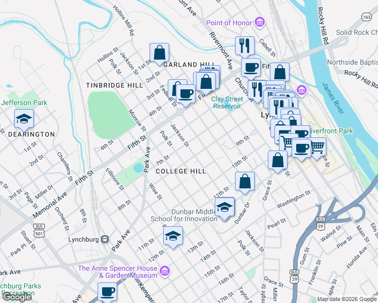 map of restaurants, bars, coffee shops, grocery stores, and more near 621 Jackson Street in Lynchburg