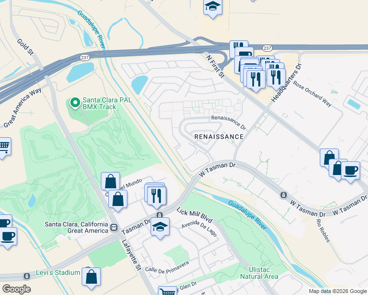 map of restaurants, bars, coffee shops, grocery stores, and more near 4255 Verdigris Circle in San Jose