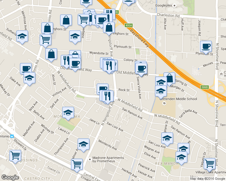 map of restaurants, bars, coffee shops, grocery stores, and more near 713 Rengstorff Avenue in Mountain View