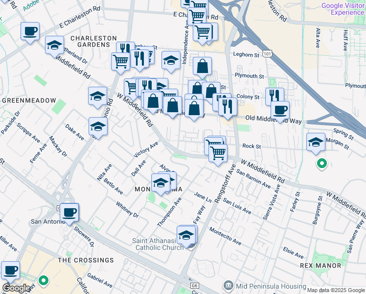 map of restaurants, bars, coffee shops, grocery stores, and more near 2392 Rock Street in Mountain View