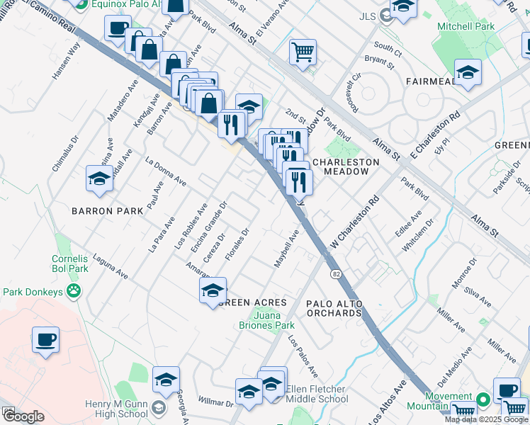 map of restaurants, bars, coffee shops, grocery stores, and more near in Palo Alto