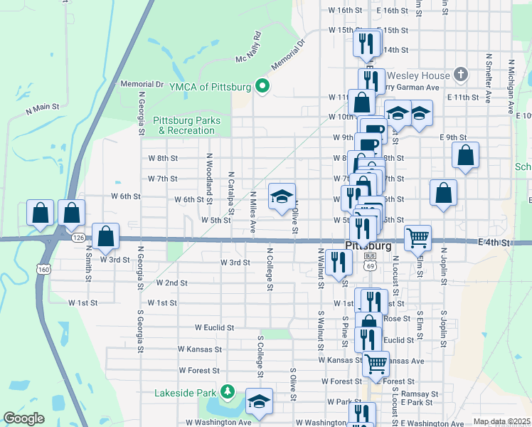map of restaurants, bars, coffee shops, grocery stores, and more near 430 West 5th Street in Pittsburg