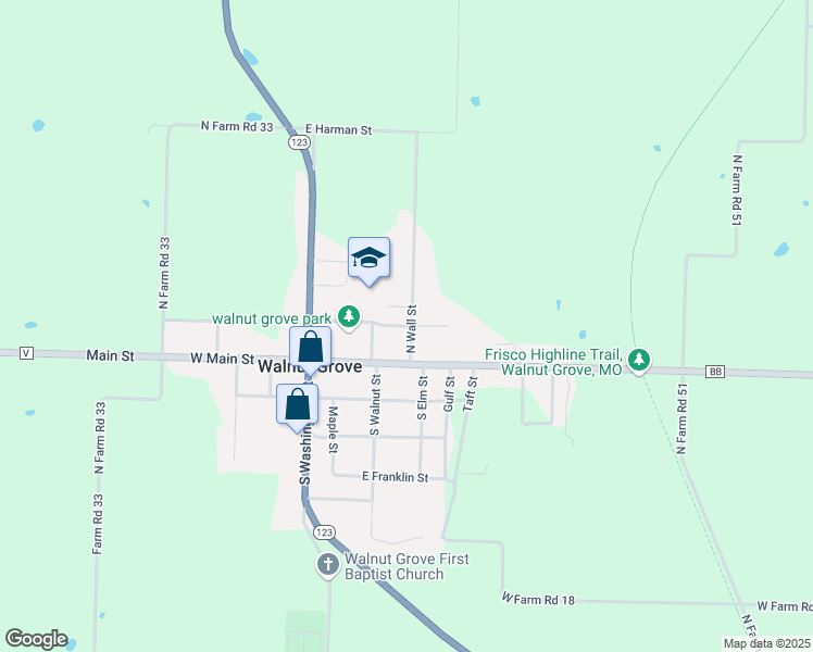 map of restaurants, bars, coffee shops, grocery stores, and more near 300 East College Street in Walnut Grove