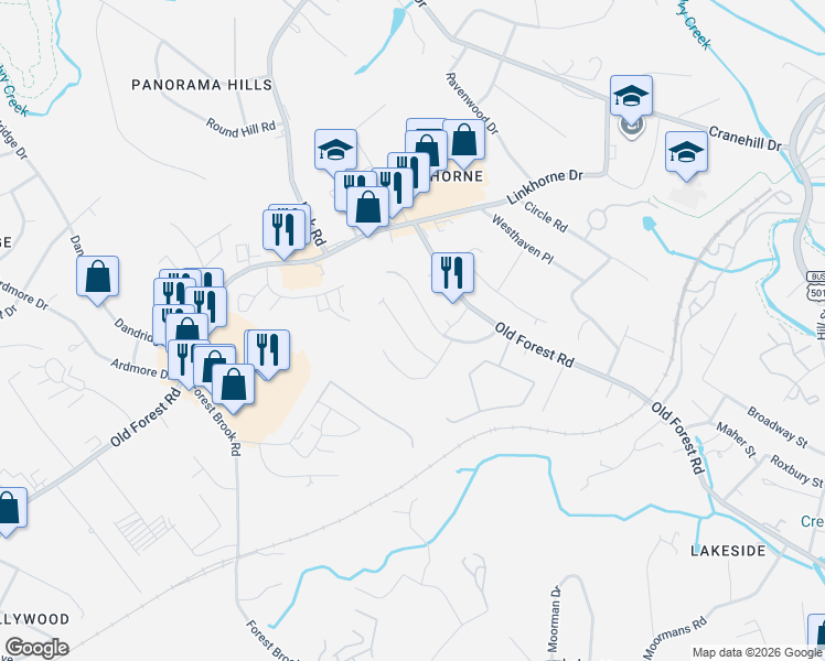 map of restaurants, bars, coffee shops, grocery stores, and more near 174 Robinia Road in Lynchburg