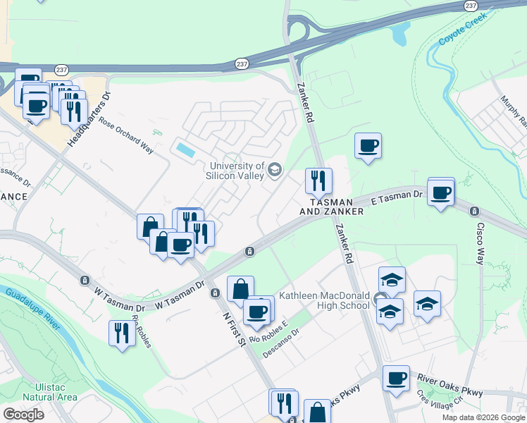 map of restaurants, bars, coffee shops, grocery stores, and more near 121 East Tasman Drive in San Jose